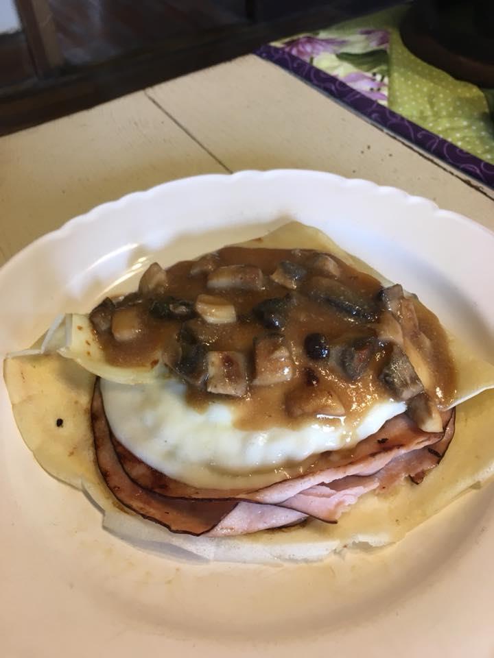 Ham and Egg Crepe with Mushroom Sauce